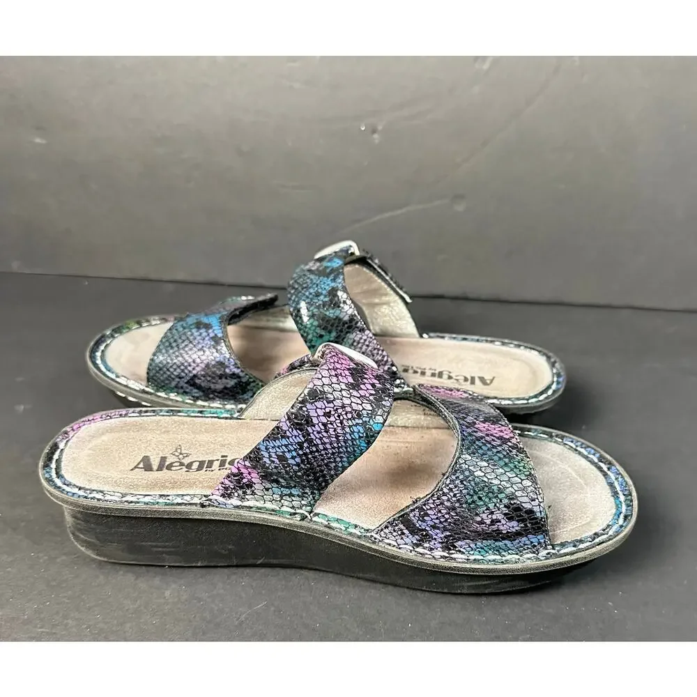 Alegria Karmen Black Purple Reptile Pattern Strap Sandals Size 38 US  8 8.5